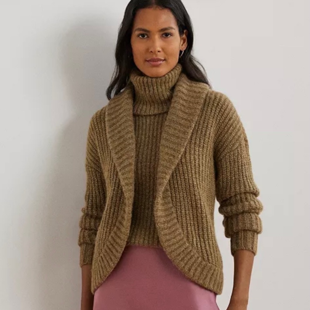 Ralph Lauren Rib-Knit Shawl-Collar Cardigan Wool Alpaca Tan SZ S